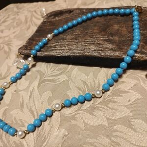 🐦🩵🐦Charming Vtg Turquoise Aqua Tiffany Blue & Ivory Faux Pearl Necklace